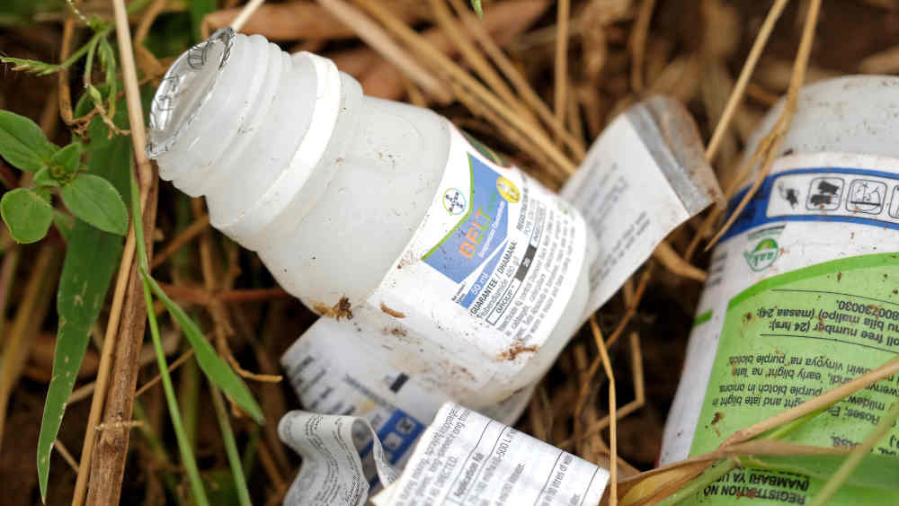 Leere Pestizideverpackungen am Rand des Tomatenfeldes von Julius Karanja in Mwea