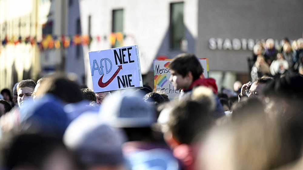 Viele Menschen auf einer Straße. Auf einem Schild steht "AfD nee"