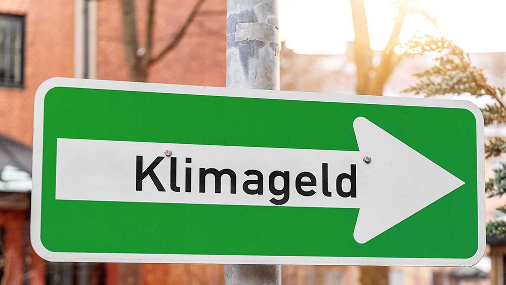 Grünes Straßenschild, auf dem in einem Pfeil das Wort "Klimageld" steht