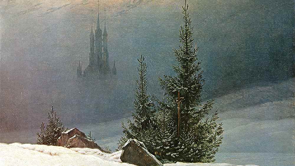 Wie aus dem Jenseits steigt in der „Winterlandschaft mit Kirche“ eine Kathedrale aus dem Nebel.