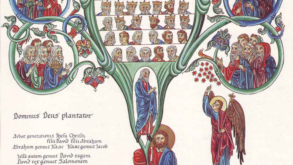 Ranken und Figuren in einer Darstellung aus dem 12. Jahrhundert zeigen Jesu Stammbaum