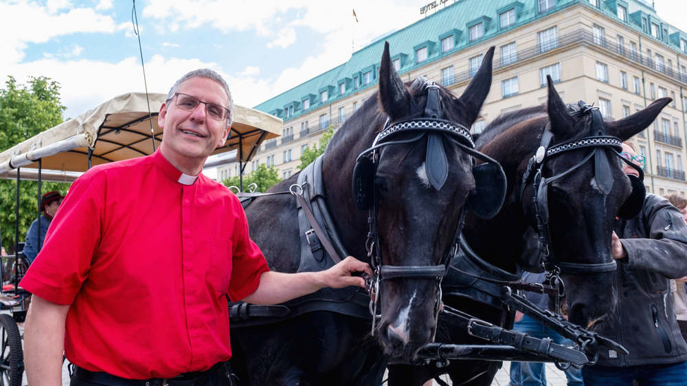 Mann im roten Shirt mit zwei Pferden