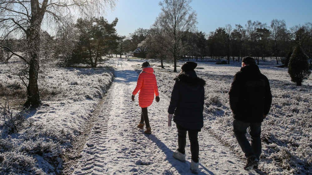 Drei Personen machen einen Winterspaziergang im Schnee