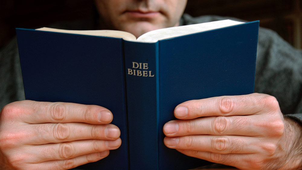 Eine Person hält eine Bibel in der Hand und liest darin. 